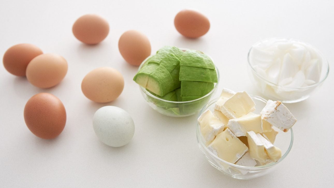 Ingredients for avocado, camembert and caramelized onion frittata.