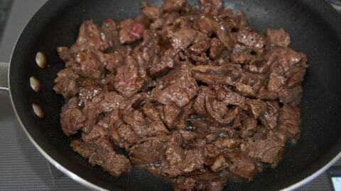 Browning beef for Stroganoff.