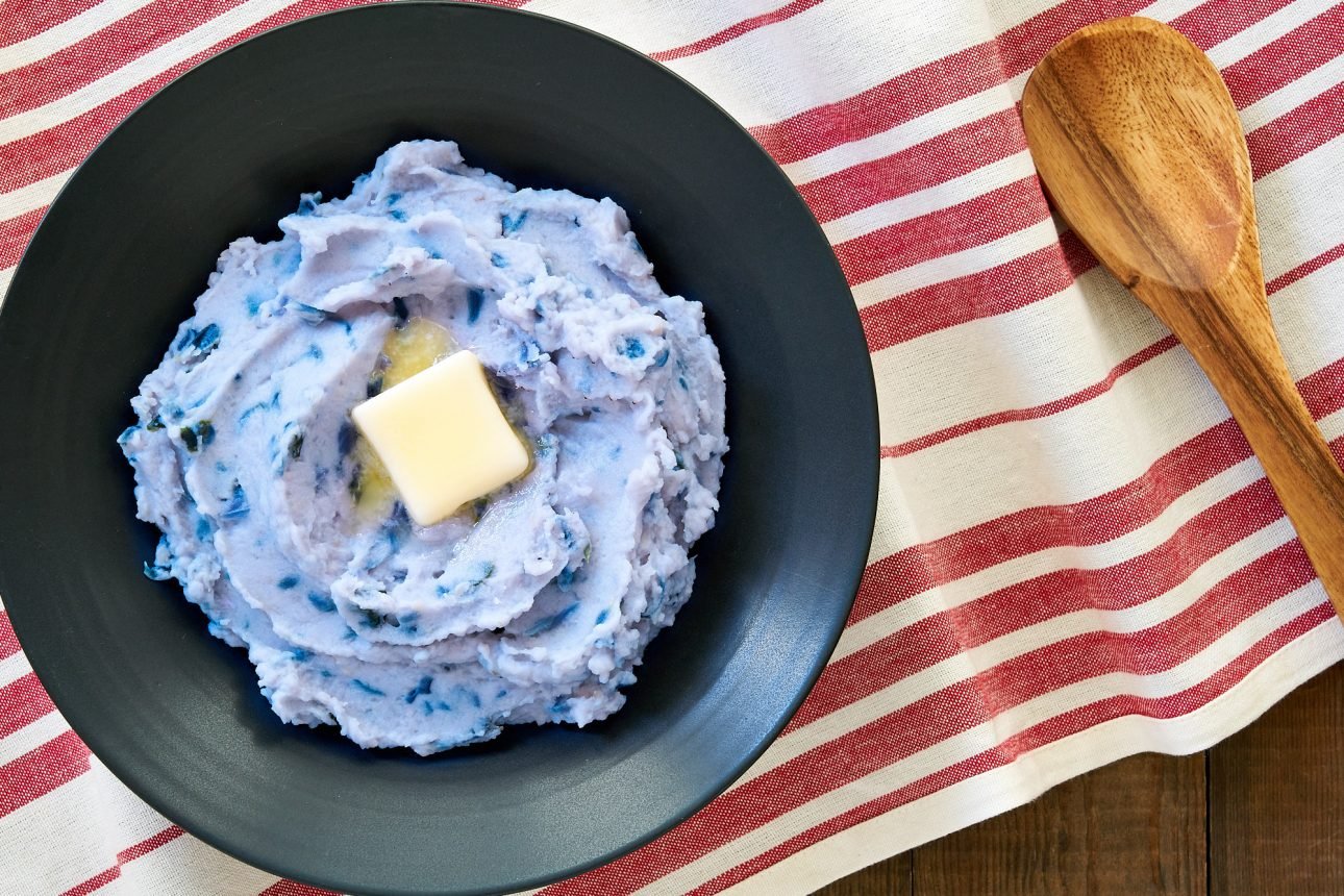 These blue mashed potatoes use a delicious natural coloring you can get anywhere. Perfect for July 4th.