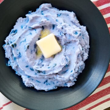 These blue mashed potatoes use a delicious natural coloring you can get anywhere. Perfect for July 4th.