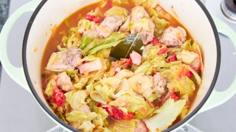 Cabbage and chicken stew in a green dutch oven on a grey stove.