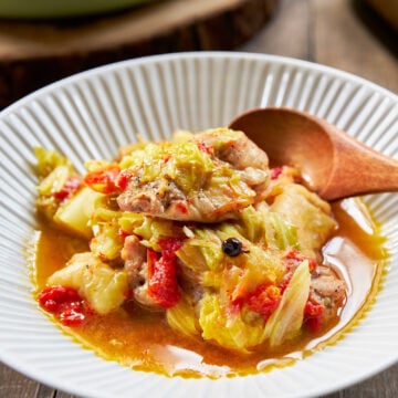 Steaming chicken between layers of cabbage with onions, garlic, tomatoes and bacon makes this chicken stew easy and delicious!