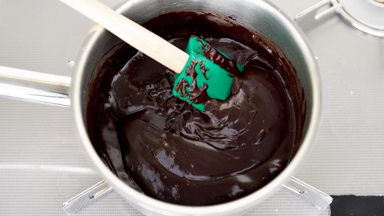 The finished chocolate sauce is like a cross between caramel and hot fudge.