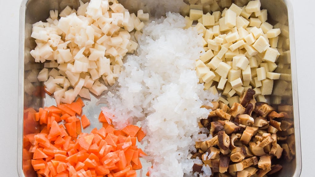 The ingredients for a plant-based sushi bowl, prepped and ready to cook.