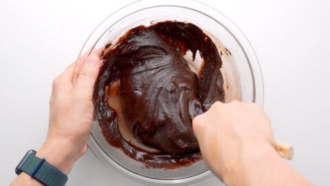 Chocolate Cherry Brownie batter in a glass bowl.