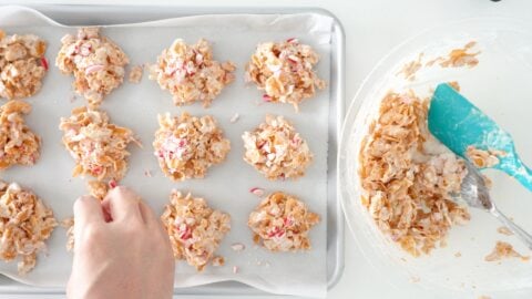 Topping crispy peppermint bark with crushed candy cane.