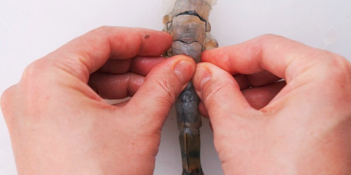 Preparing shrimp for ebi fry.