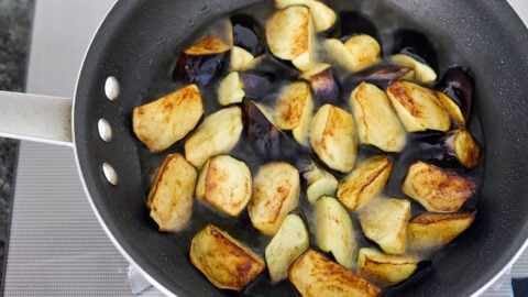 Shallow frying the eggplant for the Caponata in olive oil ensures they're both flavorful and tender.