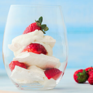 This stack of deliciousness is what's called an Eton Mess. With layers of strawberrries, cream, and meringue, it's so simple and yet it's mindblowingly good.