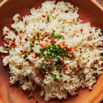 Filipino garlic fried rice topped with extra crisp garlic and scallions.