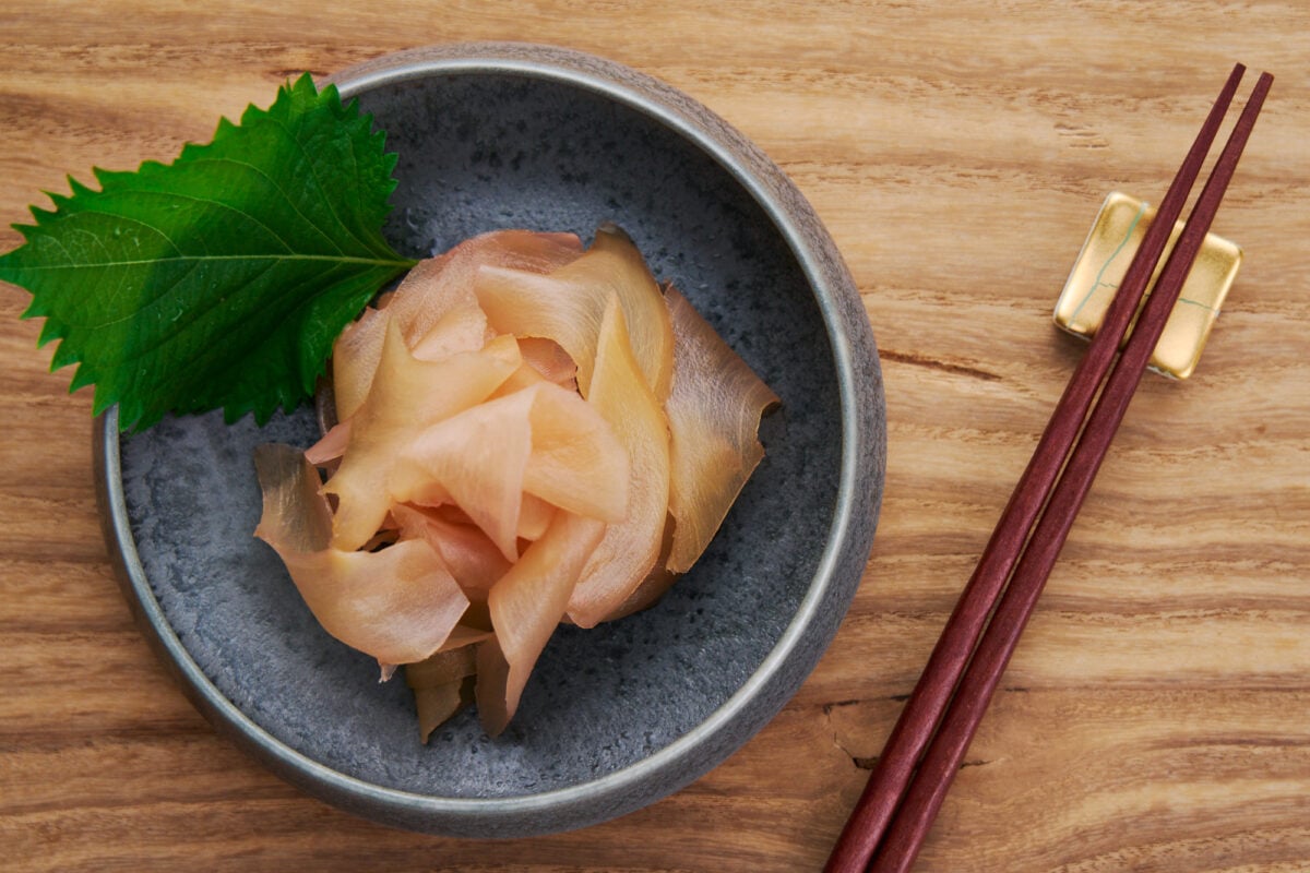 Homemade Japanese pickled ginger or gari is often served alongside sushi.