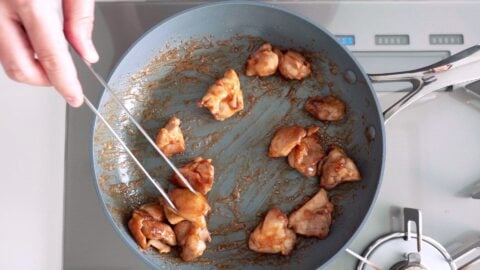 Pan-fried chicken with a ginger soy glaze.