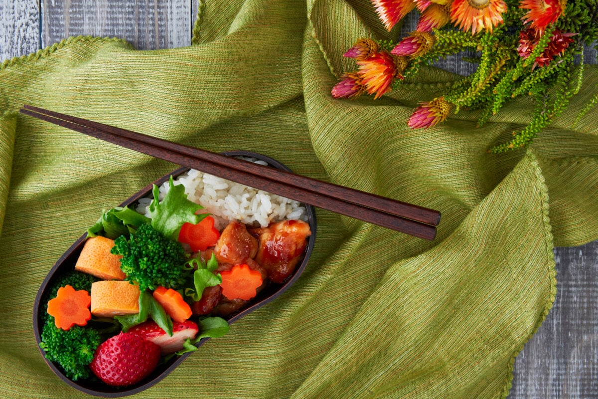 How to make and pack a traditional Japanese bento box lunch with tamagoyaki, ginger chicken, vegetables, and rice.