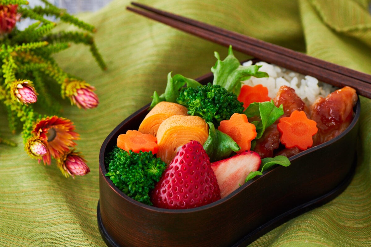 Recipe for a Japanese bento box lunch with Ginger Chicken, Tamagoyaki and a fresh medley of fruit and vegetables.