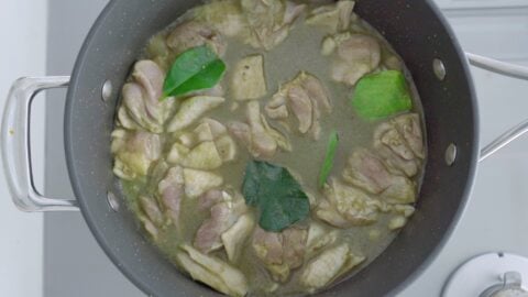 Simmering chicken and kaffir lime leaves in green curry.