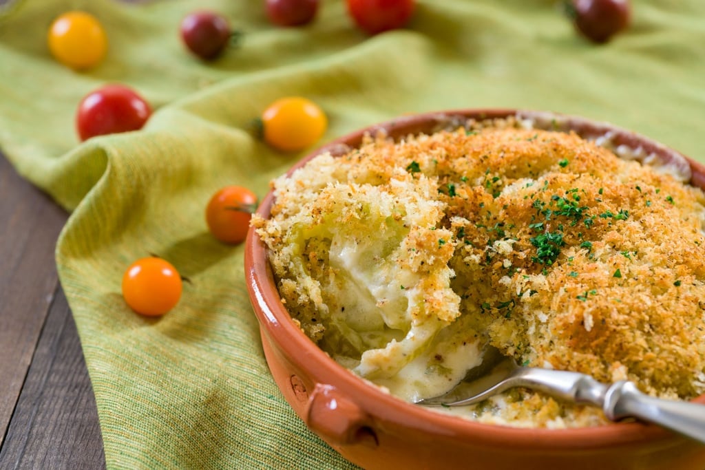 A rich, cheese green tomato gratin with a crispy herb and panko topping.