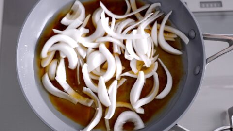 Making Gyudon from scratch starts with the dashi and onion.