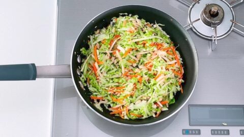 Shredded cabbage, carrots, mushrooms and bamboo for making Japanese-style spring rolls.