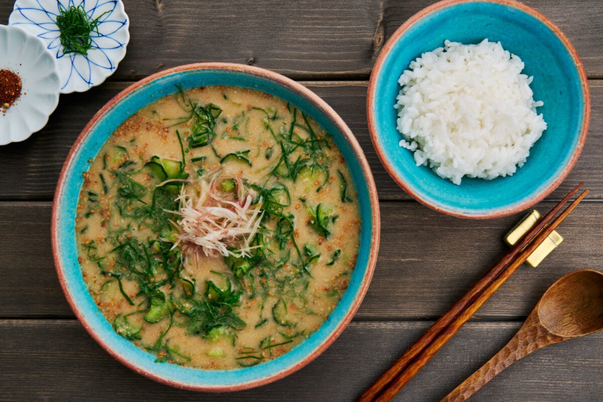 Hiyajiru is made with cucumbers, shiso, and toasted sesame seeds in chilled miso soup.