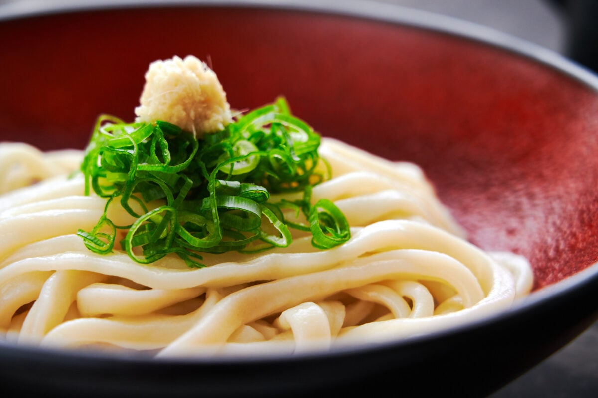 A bowl full of thick Japanese udon noodles made from scratch garnisheed with scallions and ginger.