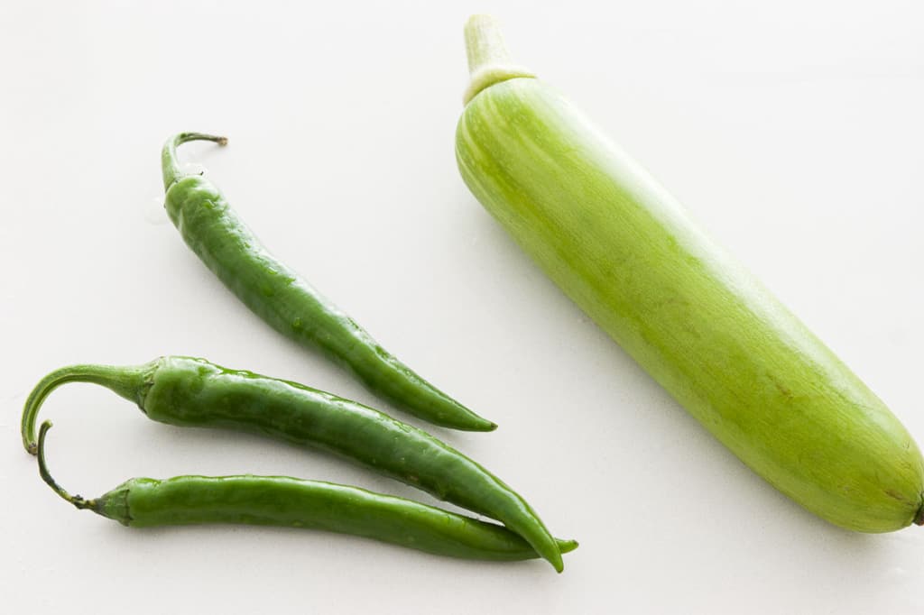 Cheong Gochu (Korean green chilies) and Ae-hobak (Korean zucchini) for doenjang jjigae.