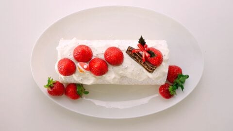 Decorated Japanese Christmas Cake with Strawberries and Cream.