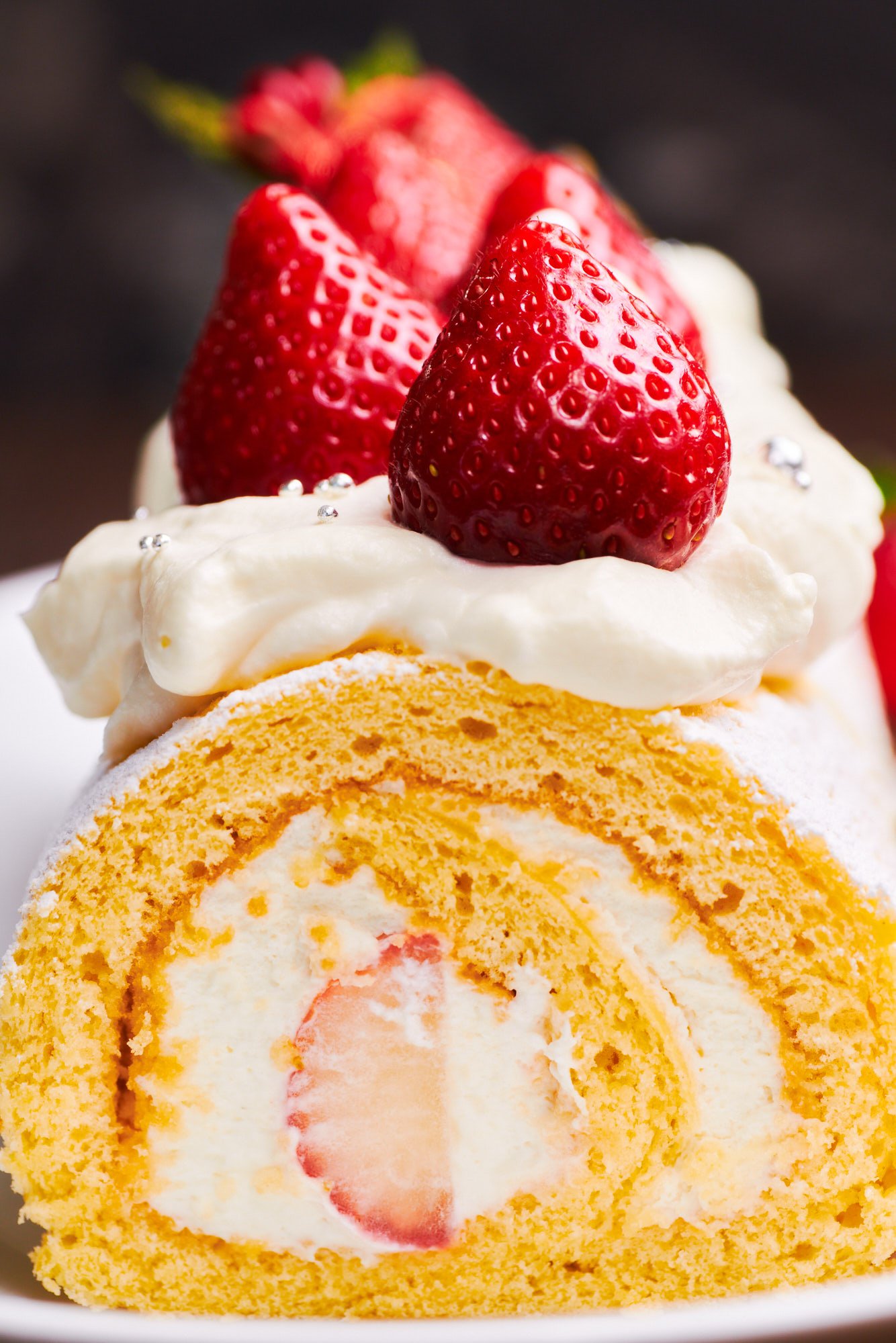 Cross-section of rolled Japanese Strawberry Shortcake.