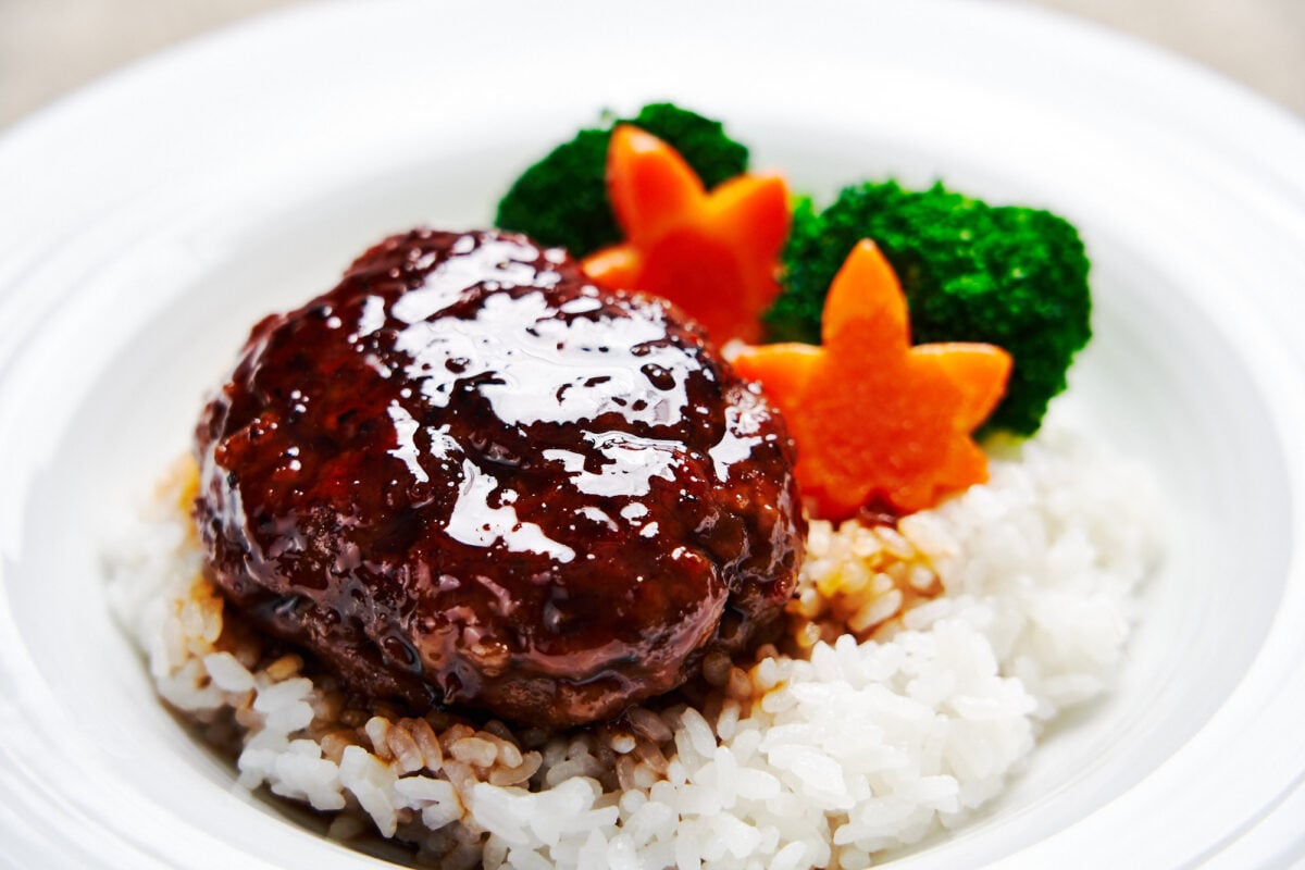 Tender, juicy Japanese style Hamburg Steak glazed with teriyaki sauce.