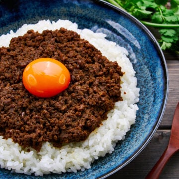 Intensely flavorful and only mildly spicy this Japanese-style ground meat dry curry is topped with a golden yolk.