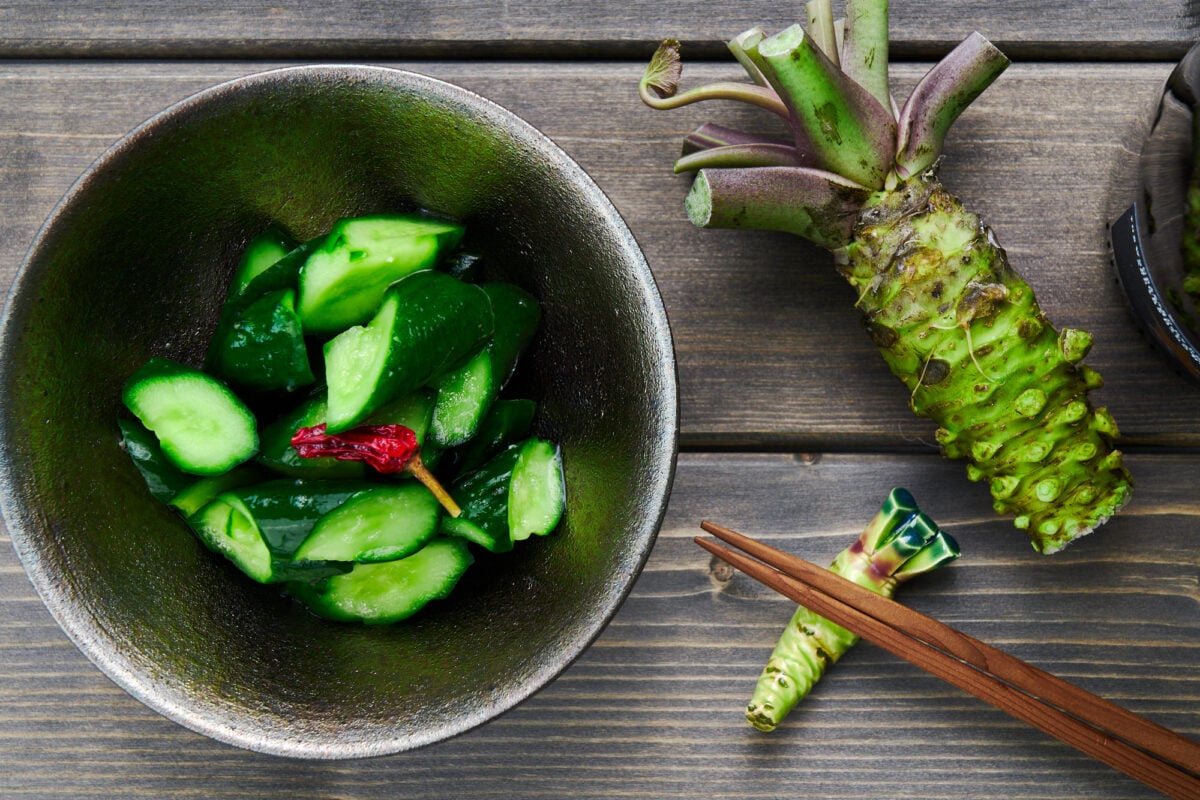 Japanese beer and wasabi pickled cucumbers.