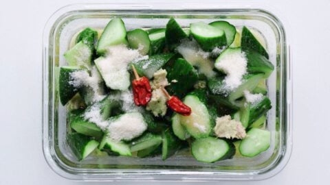 Cucumbers with salt, sugar, wasabi, beer and chili peppers.