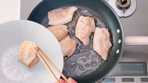 Pan frying pork belly for making Japanese butadon.