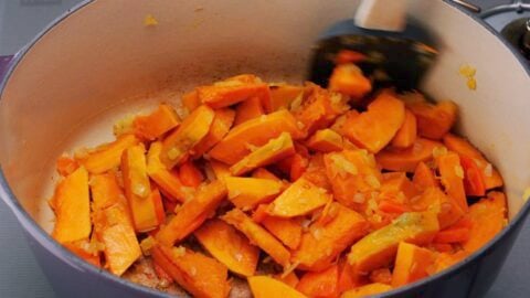 Sautéed Kabocha squash with onions and carrots.