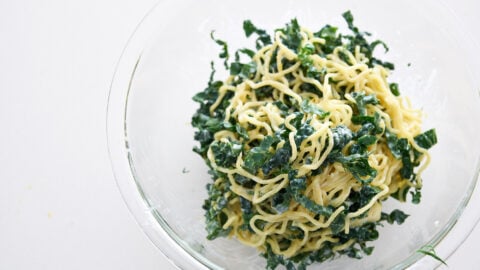 Kale, dill and ramen tossed with lemon yogurt sauce.