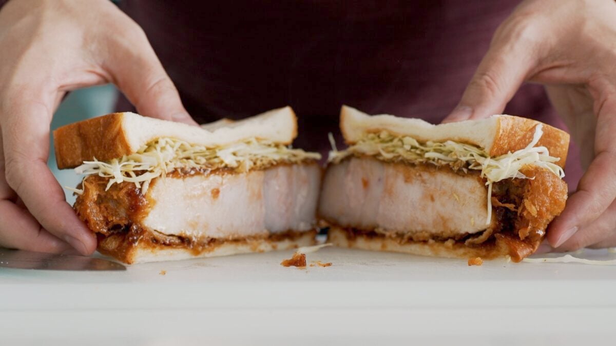 Money shot of the Katsu Sando sliced in half.