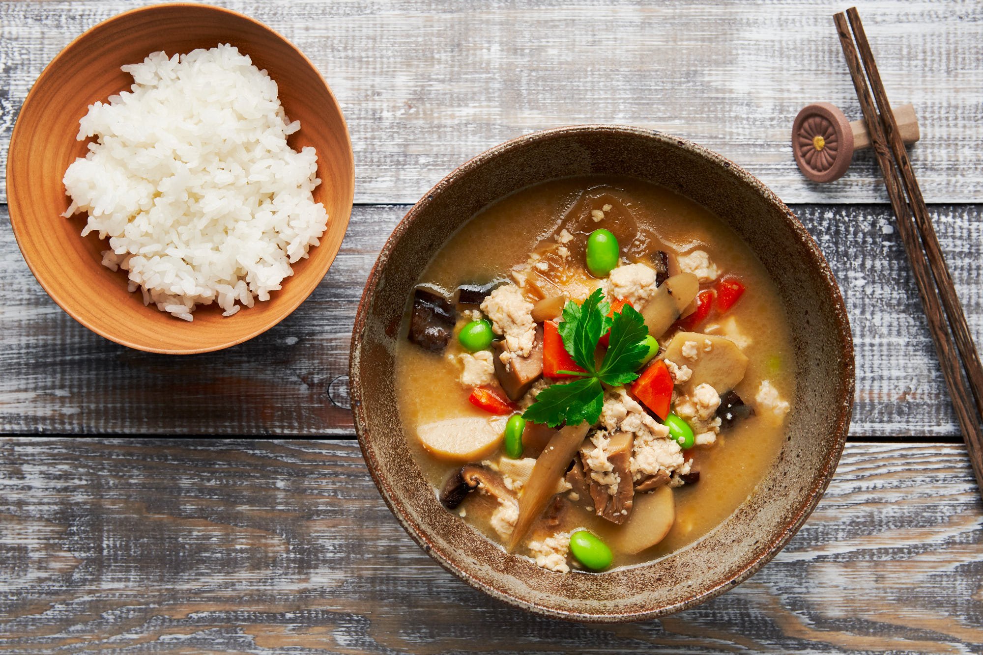 Kenchinjiru is a plant-based Japanese soup made with vegan dashi and loaded with carrots, tofu, edamame, shiitake, daikon and burdock.