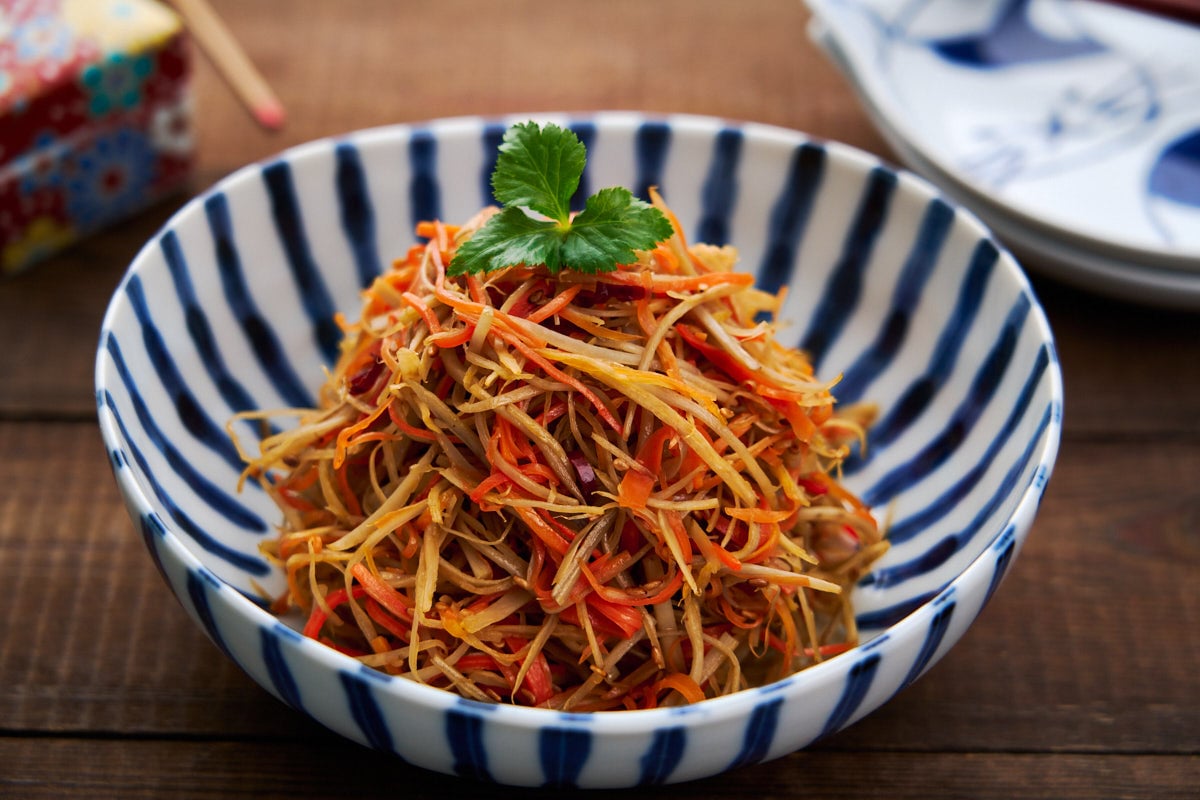 Kinpira Gobo is an easy Japanese side dish made by stir-frying shredded root vegetables with a sweet and savory sauce.