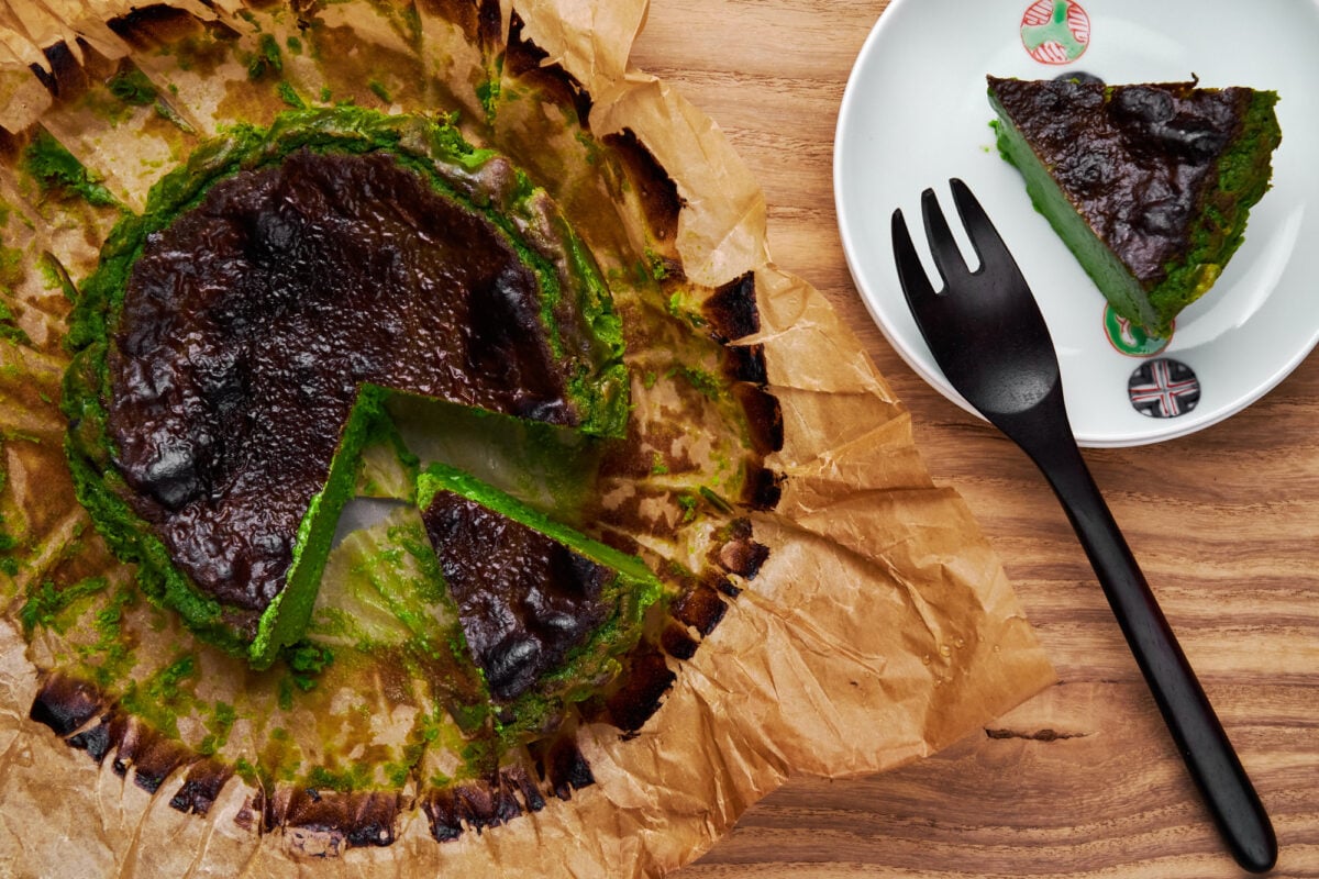 Green tea powder gives this easy Basque Cheesecake it's vibrant green hue.