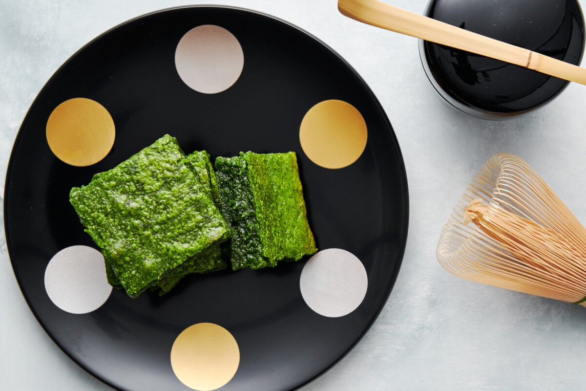 Japanese-style brownies made with white chocolate and matcha green tea powder.