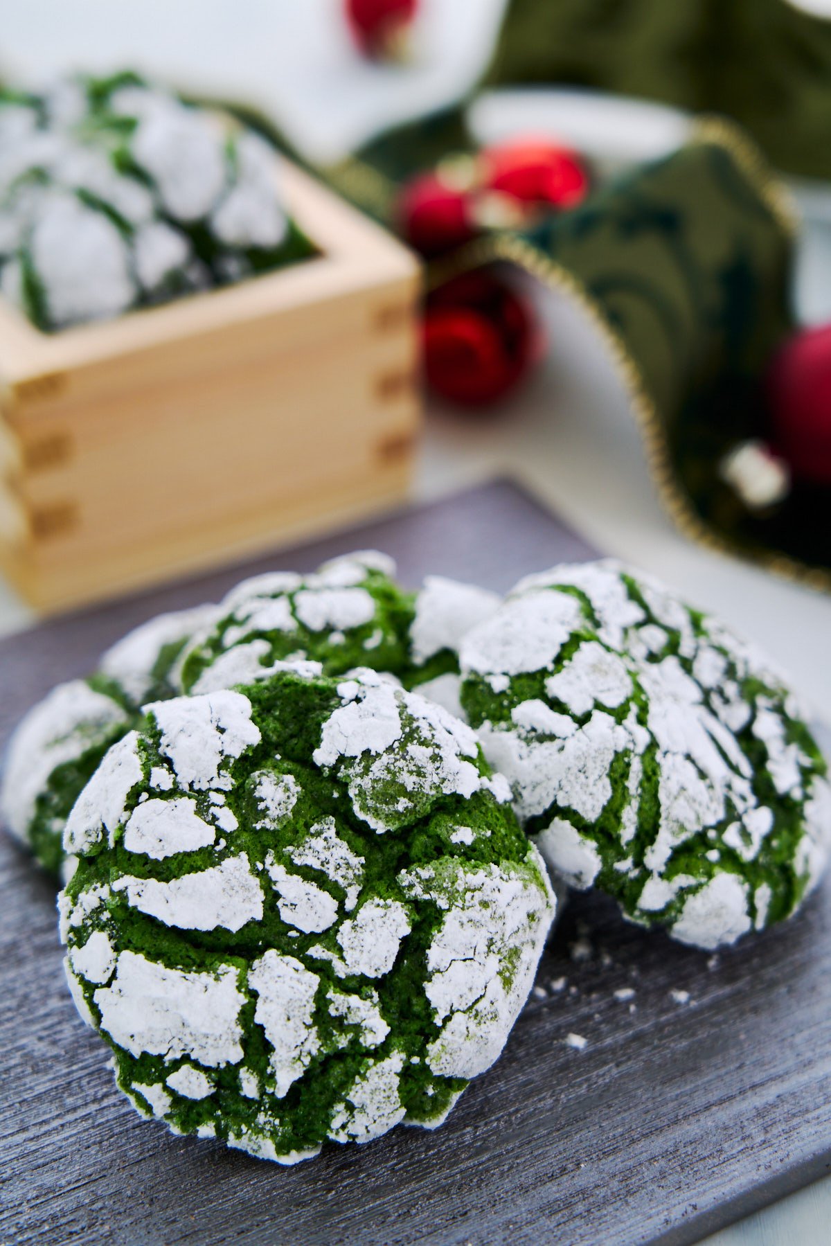 Crisp and crinkly on the outside and soft and chewy in the center, these matcha crinkle cookies are a deliciously festive holiday treat.