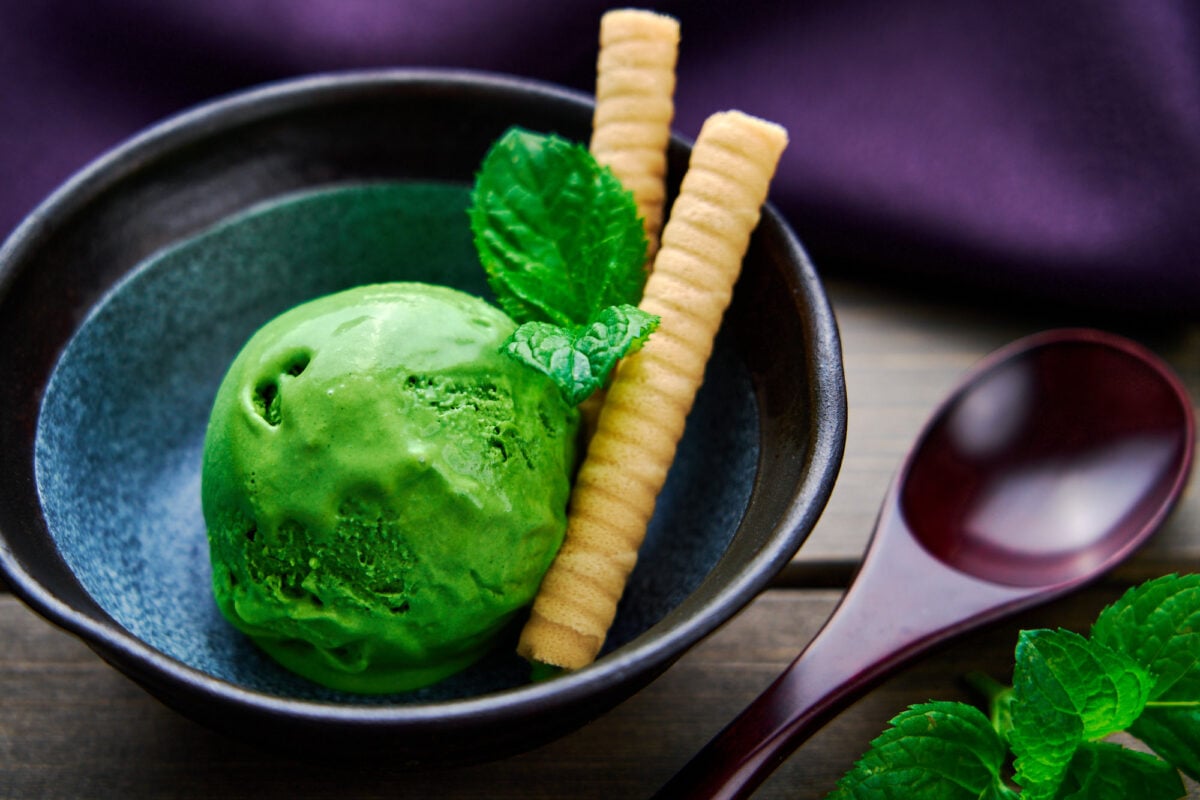 Luxuriously smooth scoop of homemade matcha ice cream.