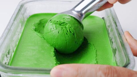 Scooping matcha ice cream.