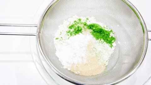 Sifting ingredients for Matcha Pancakes