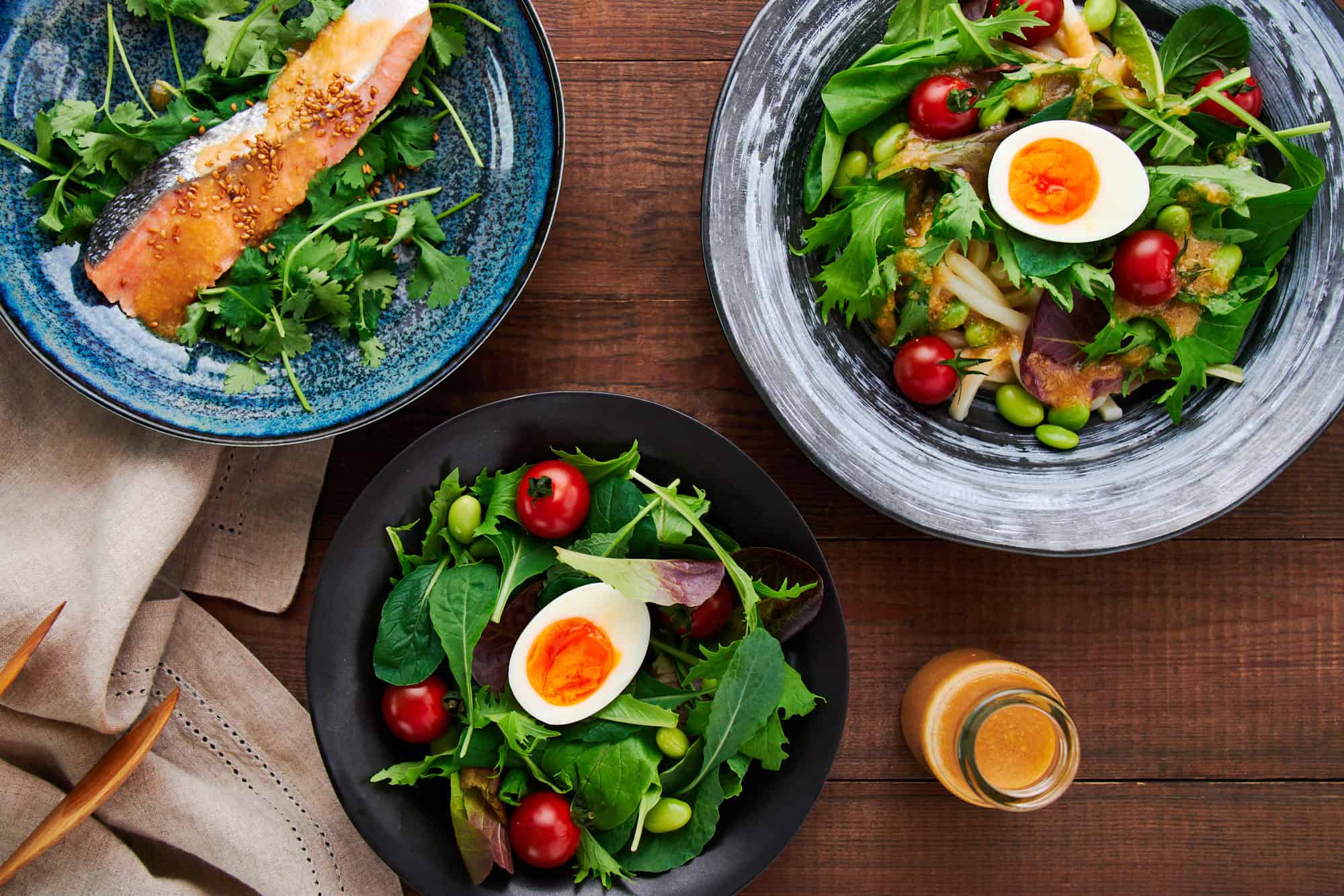 Ginger Miso Dressing drizzled over perfectly poached salmon as well as a satisfying cold udon salad with edamame and tomatoes.