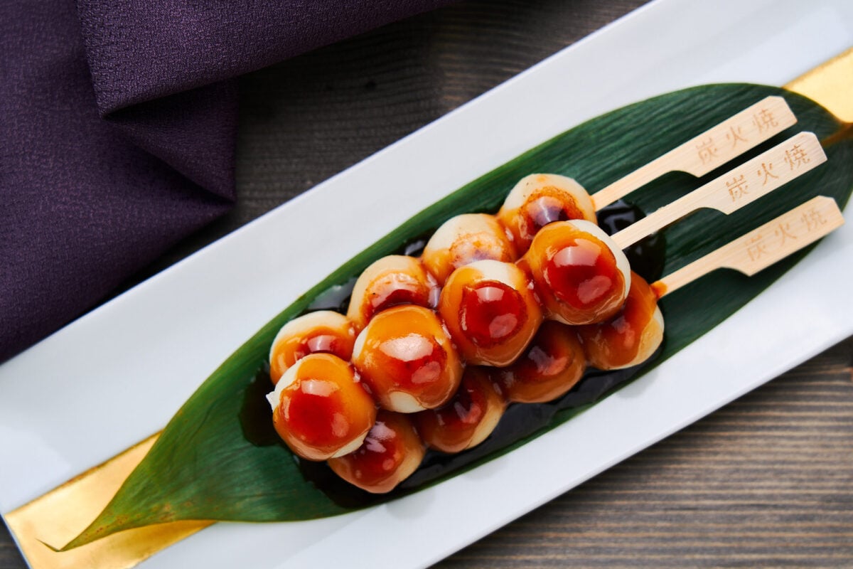 Mitarashi Dango rice dumplings glazed with a sweet and savory mirror finish sauce.