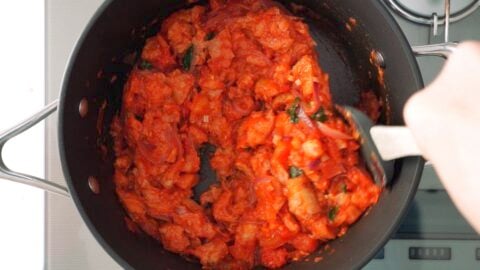 Stirring Tuscan bread and tomato porridge together in a pot.