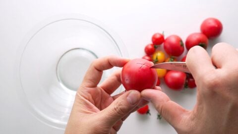 Score the tomato skin using a paring knife.