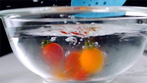 Cherry tomatoes falling into an ice water bath after being blanched.