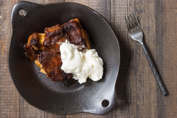 A serving of Sticky Toffee Bread Pudding from above.