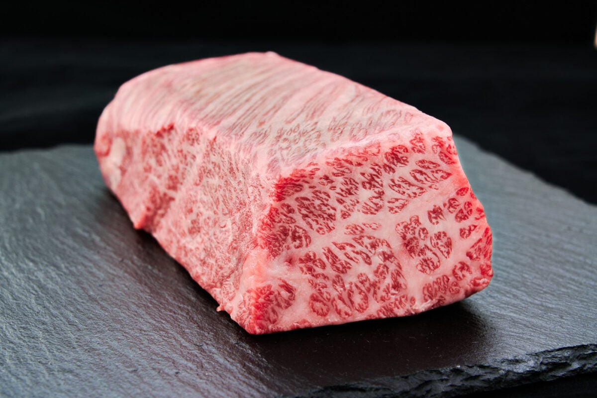 Well marbled A5 grade Kogoshima kuroge wagyu for roast beef.